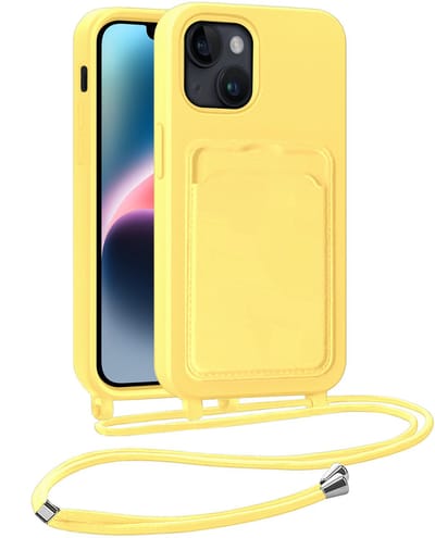 Hoes Geschikt voor iPhone 14 Hoesje Pasjeshouder Cover Met Koord Case Siliconen Hoes Met Telefoonkoord en Kaarthouder - Geel - 2 PACK