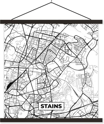 Posterhanger incl. Poster 60x60 cm - Schoolplaat - Stains - Plattegrond - Kaart - Frankrijk - Stadskaart - Zwart wit - Textielposter - Zwarte latten - Stadskaart