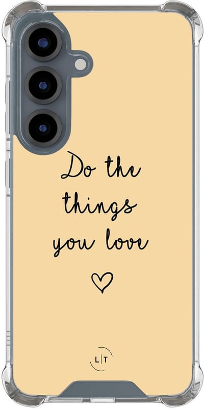 Shockproof hoesje - Geschikt voor Samsung Galaxy S25 - Do the things with love - Extra sterke case - TPU/polycarbonaat - Tekst - Geel, Transparant