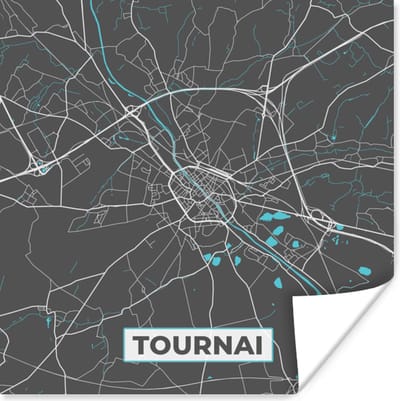Poster Stadskaart – Grijs - Kaart – Tournai – België – Plattegrond - 100x100 cm XXL