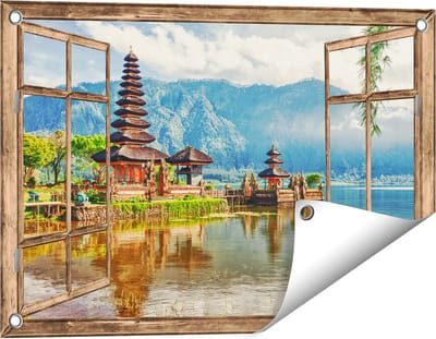 Gards Tuinposter Doorkijk Pura Tempel in Bali op het meer Beratan - 60x40 cm - Tuindoek - Tuindecoratie - Wanddecoratie buiten - Tuinschilderij