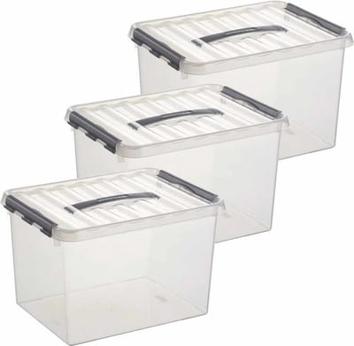 3x sunware q-line opberg box/opbergdoos - 22 liter - 40 x 30 x 26 cm - kunststof - opslagbox - transparant/zilver