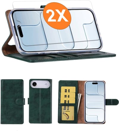 Hoesje geschikt voor iPhone Air hoesje Groen pasjeshouder telefoon hoes - Met screenprotector tempered glass voor iPhone Air - 2x