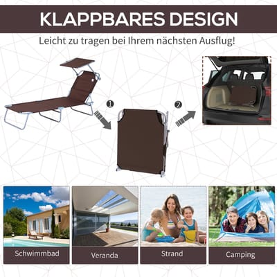 Klappbare Gartenligstoel Met Zonnescherm Voor Tuin Terras Zwembad En Strand Van Metaal In Bruin