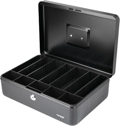 Geldbox met 6 vakken, muntinvoeging en individuele compartimenten, 36 x 25 x 11 cm, zwart en duurzaam ontwerp