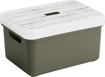 Sunware opslagbox - 13 liter - donkergroen - kunststof - 35 x 25 x 18 cm - met afsluitbare deksel in houtnerf print