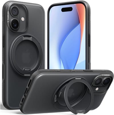 TORRAS O Fitness - Hoesje Geschikt voor Apple iPhone 17 - Compatibel met MagSafe - 360° Draaibare Magnetische Standaard - Kickstand Back Cover - Militaire Bescherming - Zwart