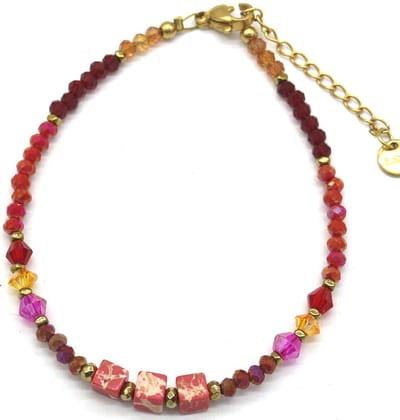Armband Dames - Kralen en Steentjes - RVS - Verstelbaar 16-21 cm - Paars en Rood