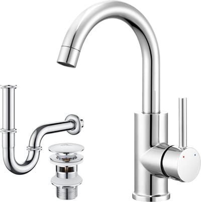 Auralum max Wastafelkraan - 360° Draaibare Badkamerkraan - Met Met push-open waste en Bekersifon - Chroom - Badkamer Kraan - RVS - Waterbesparend - Warm en Koud