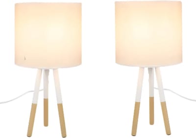 Glitzerlife - Tafellamp -2 Stuks Vintage Statief - Tafellamp E27 Bedlampje Retro Landelijk - Stoffen Lampenkap - Bureaulamp met Kabel - Ø39.6 cm - Wit