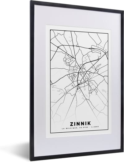 Fotolijst incl. Poster Zwart Wit- Zwart Wit – België – Plattegrond – Stadskaart – Kaart – Zinnik - 40x60 cm - Posterlijst