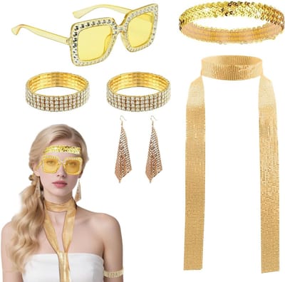 Disco kostuumset voor vrouwen met 7 accessoires, inclusief bril, haarband en ketting voor 70s en 80s feesten
