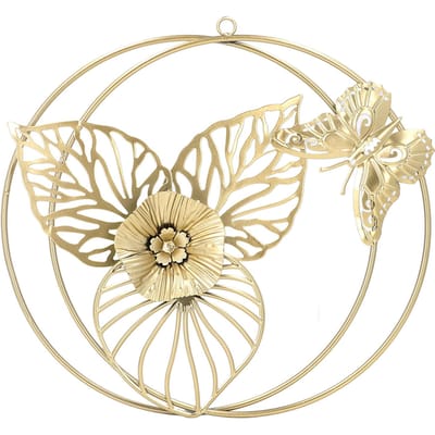Gouden Bloem Vlinder Muurdecoratie Licht Luxe Vlinder Muursculpturen voor Slaapkamer Woonkamer beige