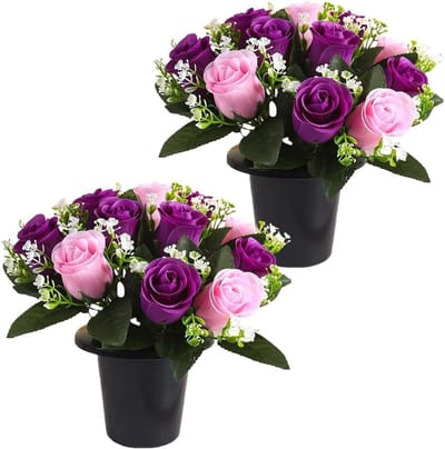 2 Stuks Kunstmatige Rozen in Pot voor Graf en Herdenking - Realistische Nep Bloemen
