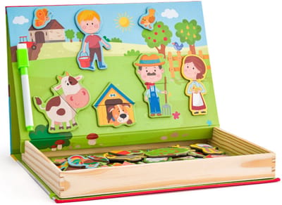 Woody magnetische puzzel box boerderij met 64 houten vormen.