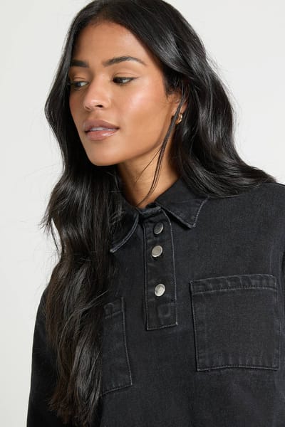 boohoo Dames Hoge denim jurk met lange mouwen | Washed Black | Maat: 4