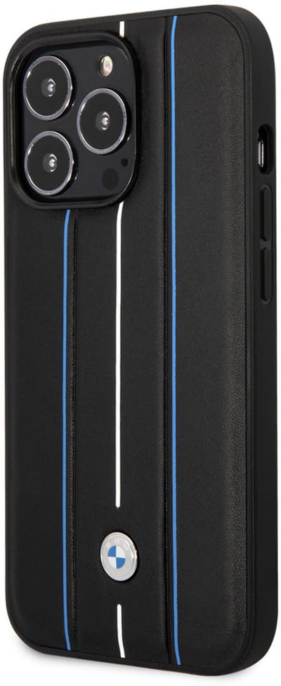 BMW iPhone 14 Pro Back cover case - Leather Signature - Hot Stamp Lines Blue - Black