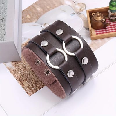 1 Stuk Echt Leer Punk Stijl Dubbellaags Koeienhuid Leer Armband Voor Mannen Vrouwen Voor Nieuwjaar Kerstfeest Verjaardagscadeaus black