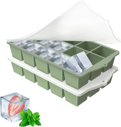 Famanu – Set van 2 siliconen ijsblokjesvormen – 15 vakjes – BPA-vrij – Groen – Voor koffie, whisky en cocktails