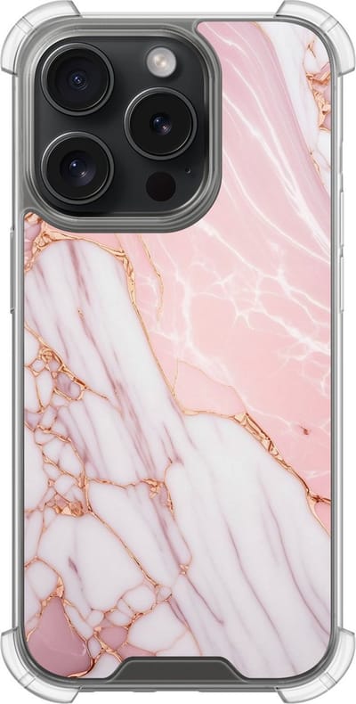 Shockproof hoesje - Geschikt voor iPhone 15 Pro - Marmer babyroze - Extra sterke case - TPU/polycarbonaat - Marmer - Roze, Transparant