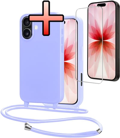 Hoes Geschikt voor iPhone 17 Met Telefoonkoord Met Screenprotector - Siliconen Hoesje Backcover Met Ketting - Lila