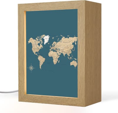 Tafellamp 15x20 cm - LED lamp - Wereldkaart - Donkerblauw - Beige - Decoratieve tafellampen - Dimbaar - Tafellampje slaapkamer - Woonkamer binnen