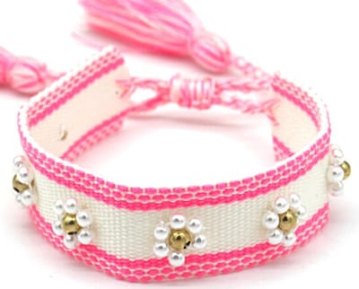 Stoffen Armband Dames - RVS Kralen - Lengte Verstelbaar - Donkerroze