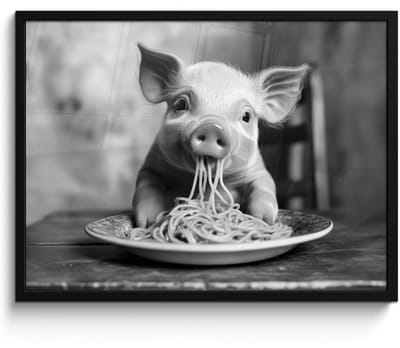 Fotolijst incl. Poster Zwart Wit- Varken - Schattig - Spaghetti - Zwart wit - Dier - 70x50 cm - Posterlijst
