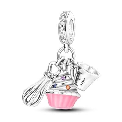 Fler® | Bedel | Past op populaire bedelarmbanden (standaard - 3mm) | Bakken & Cupcake Bedel | Hangbedel Charm | 925 sterling zilver | Transparante, Blauwe, Paarse & Oranje zirkonia | Roze emaille | Armband Kraal | Valentijnsdag Cadeau | Sinterklaas