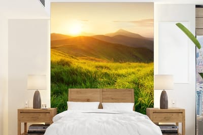 Behang - Fotobehang Gras - Heuvels - Zon - Natuur - Landschap - Breedte 165 cm x hoogte 220 cm