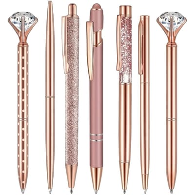 Roségoud kleurige balpennen set dames heren klik pen met kristal diamant topper glitter vloeibaar zand luxe schrijfpennen met clip zwarte inkt cadeau set 7 stuks