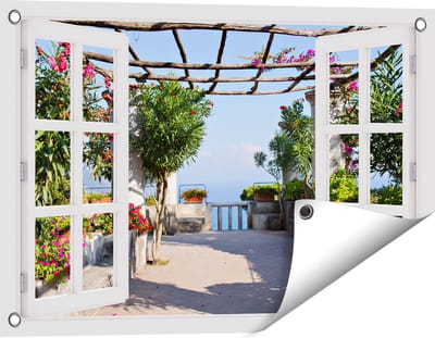 Gards Tuinposter Doorkijk Terras - 60x40 cm - Tuindoek - Tuindecoratie - Wanddecoratie buiten - Tuinschilderij