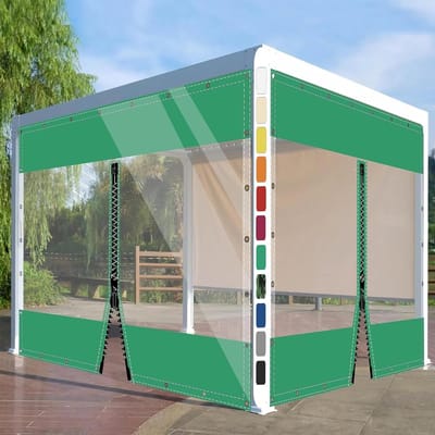 Transparant Paviljoenzeil Tuinzeil met ogen PVC Winddicht Gordijn 0,5 mm Waterdicht Afscheidingsscherm voor Buiten Terras Tuin Balkon 3x4,8m (HxL) Groen met 1 Ritssluiting
