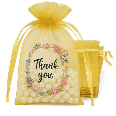 20x Organza Zakjes Met Print - Organza Met Opdruk - 10x15cm - Feestzakjes - Snoepzakjes - Cadeauzakjes - Uitdeelzakjes - Sieradenzakjes - Thank You Bloemenkrans - 10x15 cm - Goud - 20 Stuks