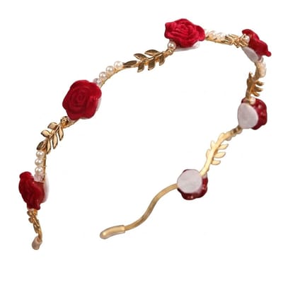 Rood goudkleurig diadeem dames smalle haarband met bloemen en parel details elegant haar accessoire met roosjes en bladeren design