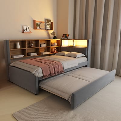 DESMIU Slaapbank 90x200 Cm Met Uittrekbed 90x190 Cm Zonder Matras – Ledverlichting En Oplaadpunten – Opbergruimte Voor Dagelijks Gebruik – Flanellen Stof – Donkergrijs