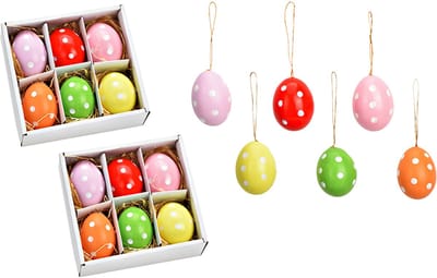 Viv! Christmas Paasdecoratie Hanger - Kleurrijke Paaseieren met Stippen van Natuurlijk Materiaal - set van 12 - pasen - 6cm