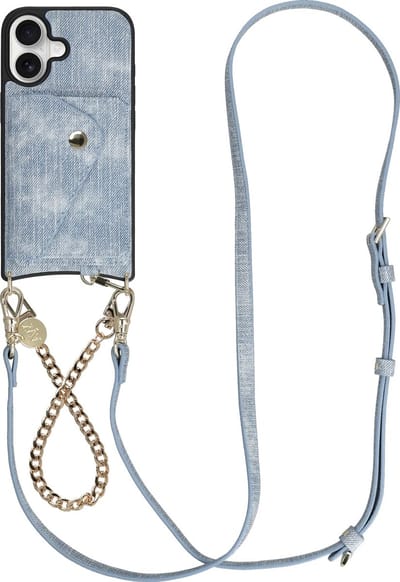 AVY Hoesje geschikt voor Apple iPhone 17 | Met Koord en Kaarthouder | Compatibel met MagSafe | Kunstleren Case met Polsand & Crossbody Koord & Wallet | Gold Denim Set | Denim