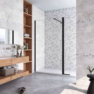 60x200cm zwarte inloopdouche + 30x200cm draaibaar hoekprofiel + N-vorm 140cm Stabilisatiestang 8mm EasyClean veiligheidsglas douchepartitie