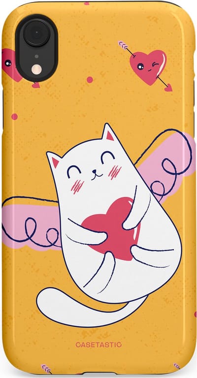 Casetastic Hoesje Geschikt voor Apple iPhone Xr - Stijlvolle Beschermende Duo-layer Case - Kattenflirt Geel Rode Hartjes Liefde