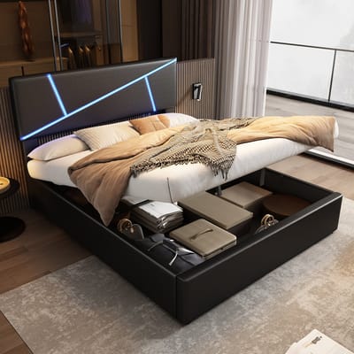DESMIU Gestoffeerd Bed 140x200 cm – Led-Verlichting via App – Hydraulische Opbergruimte – Tweepersoonsbed voor Slaapkamer – PU – Zwart – Zonder Matras