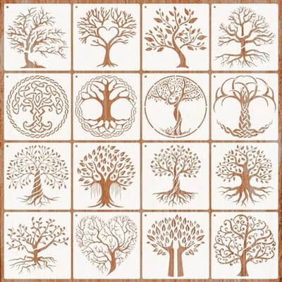 Levensboomsjablonen - 16 Stuks Herbruikbare Doe-Het-Zelf Schildersjablonen Voor Muur, Meubels, Handwerk En Decoraties (15 x 15 cm)