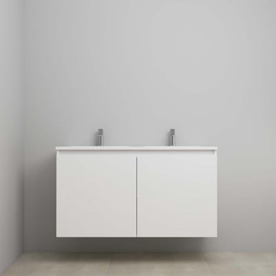 On-Line Onderkast - 120 cm - Bouwpakket - Greeploos 2 Deuren - Acryl Wastafel - 2 Kraangaten - Hoogglans Wit