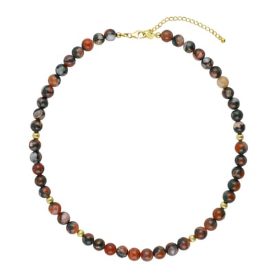 Cavill - Zilveren Halsketting - 925 Sterling Zilver Verguld - Natuurlijke Rode Basalt Agaat 160 ct - Ronde 8mm Kralen - Verstelbaar 42-48 cm