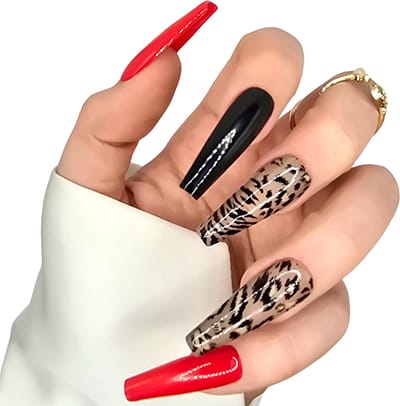 SD Press on Nails - B-86 - Plaknagels - Gelnagels - Handgemaakt - 20 stuks - Rood Zwart Leopard - Nepnagels - XL Nails - Valse Nagels - Extra Lange Nagels - Cosplay - Extreme Long Nails - XL Coffin/Tapered nails - Nail Art