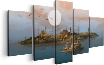 Artaza Canvas Schilderij Vijfluik Illustratie Van De Maiden's Tower In Istanbul - 100x50 cm - Wanddecoratie Woonkamer - Schilderijen - Muurdecoratie