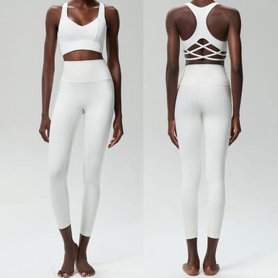 Dames Tweedelige Yoga Set Effen Kleur Boterzacht Gympak Ademend Sneldrogend Hardlopen Sportkleding Vrouwelijke Workout Kleding S wit