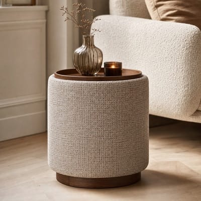 DÉJA Living Bijzettafel Marcia Taupe/Walnoot – Rond – Met Opbergruimte – Chenille en Essenfineer – 40x40x44 cm