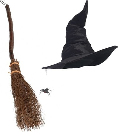 Smiffys Heksen verkleed set - voor dames - luxe heksenhoed - met bezem van 97 cm - carnaval - halloween