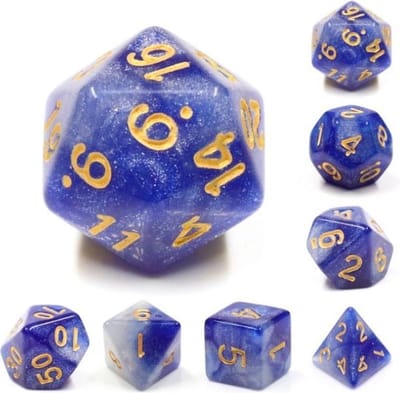 Polyset Dice | Dobbelstenen - Set Van 7 Stuks - Blauw Wit Glitters en Goud | Polydice | Voor D&D en Andere Rollenspellen | Plastic Dobbelstenen Set voor Dungeons and Dragons | Polyhedral Dice Set | Mooie Zwarte Velvet Dice Bag voor Ongeveer 3 Sets